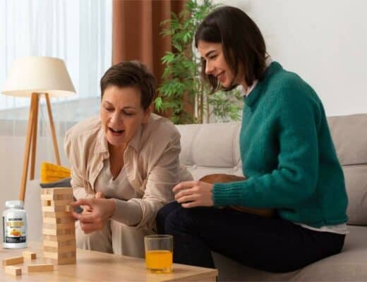 Two women playing a block game to enhance brain health