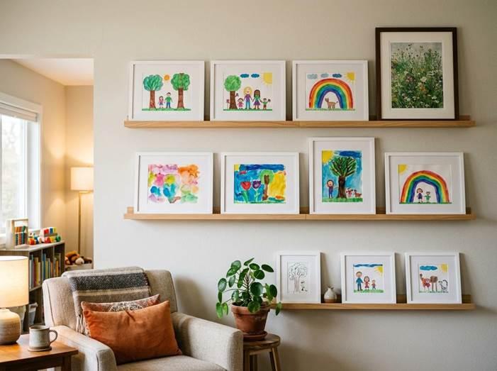 A completed three-ledge gallery wall with children’s paintings in white frames, a framed fine art print, and a small plant on the lowest ledge