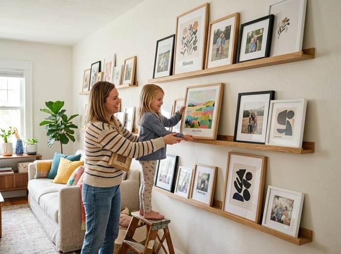 A parent and child swapping artwork on wooden picture ledges mounted on a bright wall