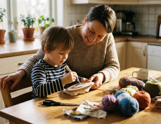 A parent and young child at a kitchen table doing punch needle together on a small embroidery hoop