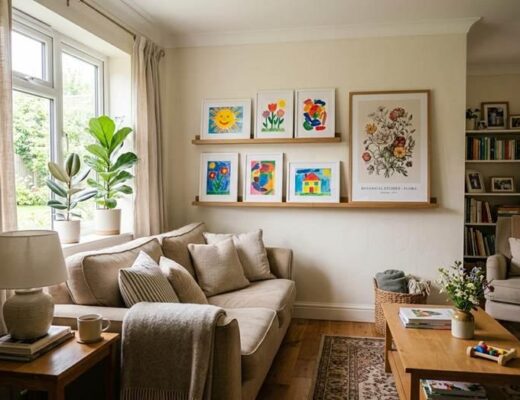 A warm inviting family living room with wooden picture ledges displaying children’s colorful paintings and a fine art print