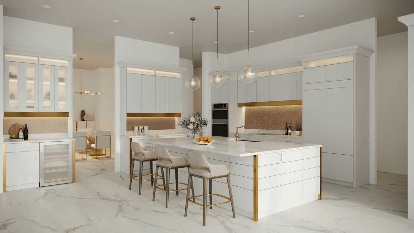 Kitchen with marble countertop and white cabinets