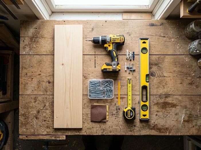 Overhead flat-lay of DIY picture ledge materials on a wood workbench - timber board, drill, screws, spirit level, pencil, measuring tape, sandpaper, and wall anchors
