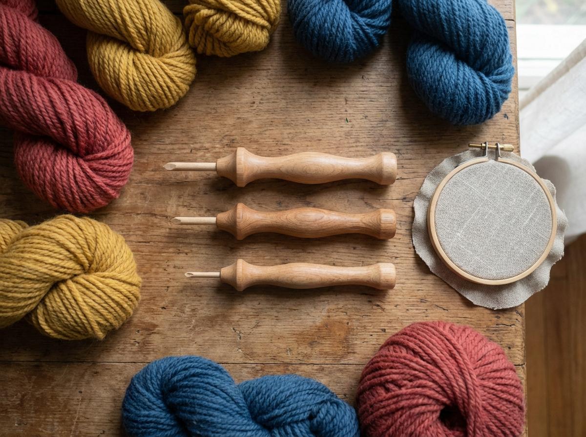 Three wooden-handled punch needle tools of different sizes laid on a rustic wood surface surrounded by colorful yarn skeins and an embroidery hoop