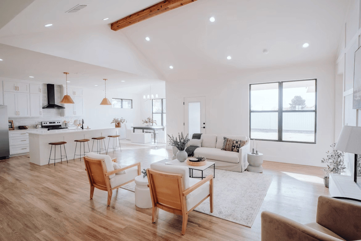 Modern open-plan living room with kitchen area
