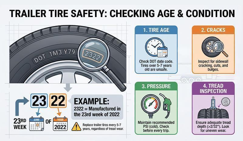 Trailer tire safety check showing age and
